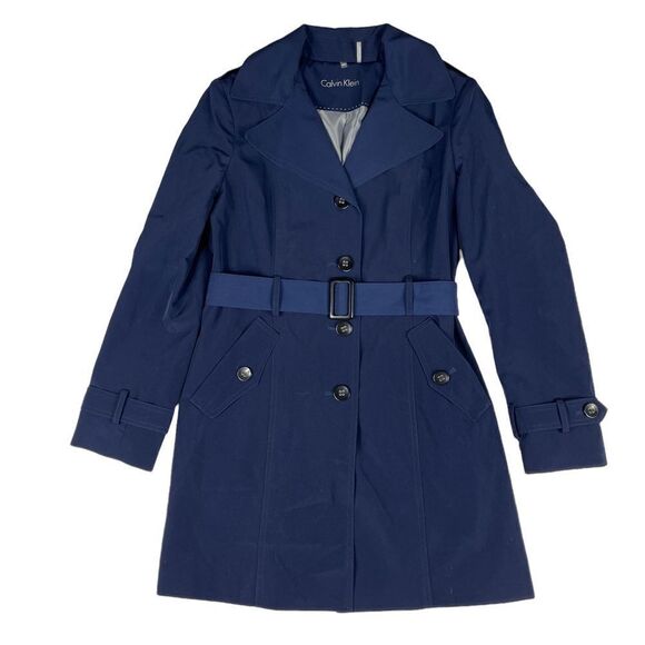 Calvin Klein Trench Coat Navy Lined Belt Single Breasted Women's Small Pockets - Picture 1 of 13